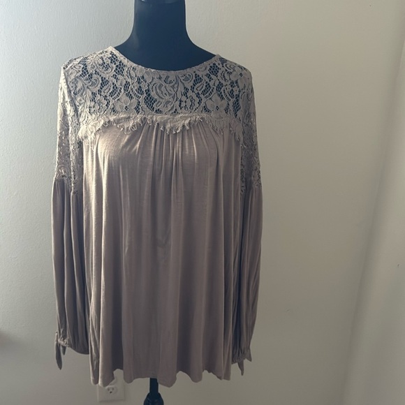 Susan Betro taupe lace balloon sleeves soft relaxed tunic / long blouse Sz XL - Picture 1 of 7